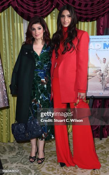 Twinkle Khanna and Sonam Kapoor attend a photocall for 'Pad Man' at The Bentley Hotel on January 18, 2018 in London, England.