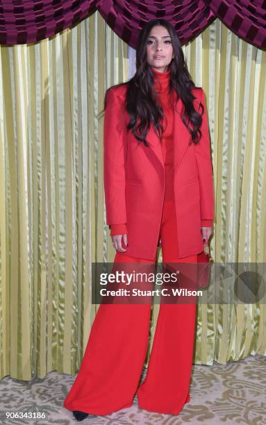 Sonam Kapoor attends a photocall for 'Pad Man' at The Bentley Hotel on January 18, 2018 in London, England.