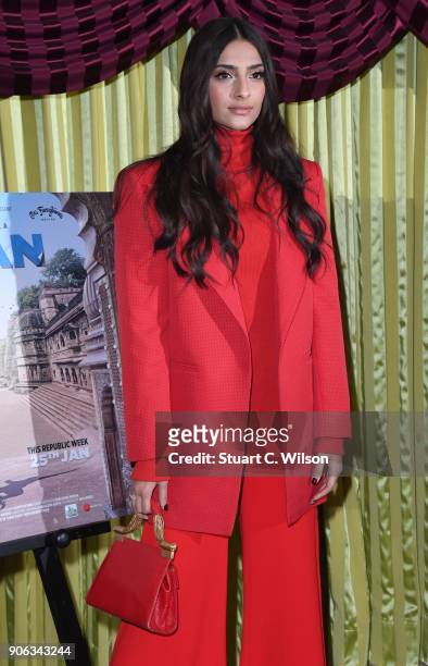 Sonam Kapoor attends a photocall for 'Pad Man' at The Bentley Hotel on January 18, 2018 in London, England.