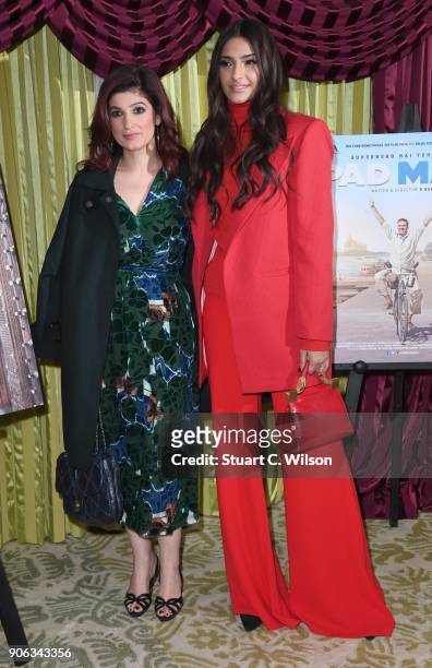 Twinkle Khanna and Sonam Kapoor attend a photocall for 'Pad Man' at The Bentley Hotel on January 18, 2018 in London, England.