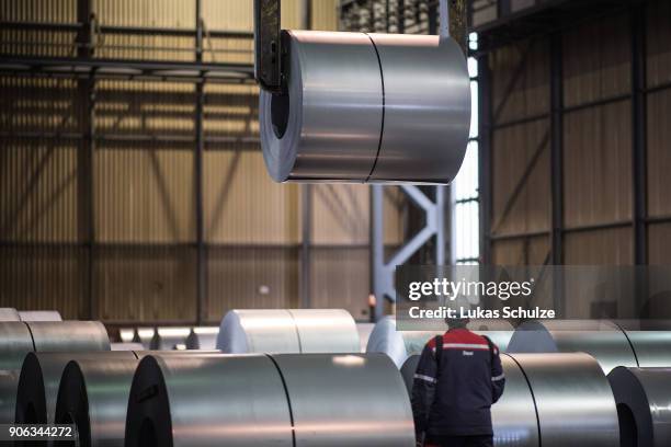 General view of the storage area of galvanized coiled steel following manufacture at ThyssenKrupp steelworks on January 17, 2018 in Duisburg,...