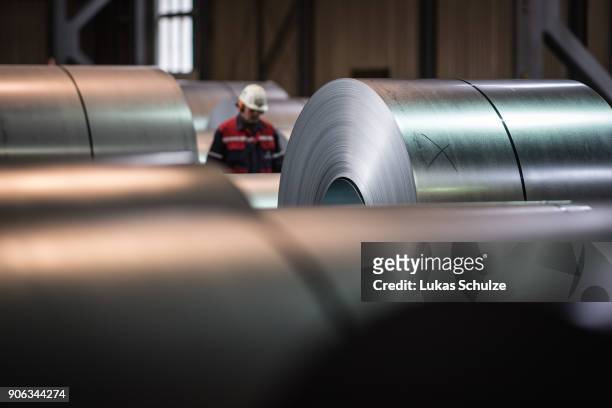View of the storage area of galvanized coiled steel following manufacture at ThyssenKrupp steelworks on January 17, 2018 in Duisburg, Germany....