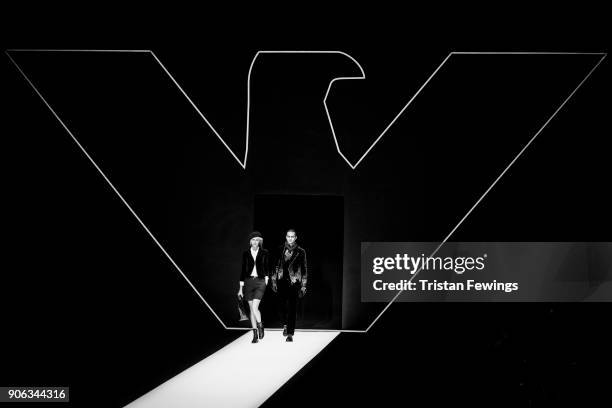 Models walk the runway at the Emporio Armani show during Milan Men's Fashion Week Fall/Winter 2018/19 on January 13, 2018 in Milan, Italy.