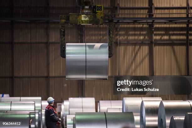 General view of the storage area of galvanized coiled steel following manufacture at ThyssenKrupp steelworks on January 17, 2018 in Duisburg,...