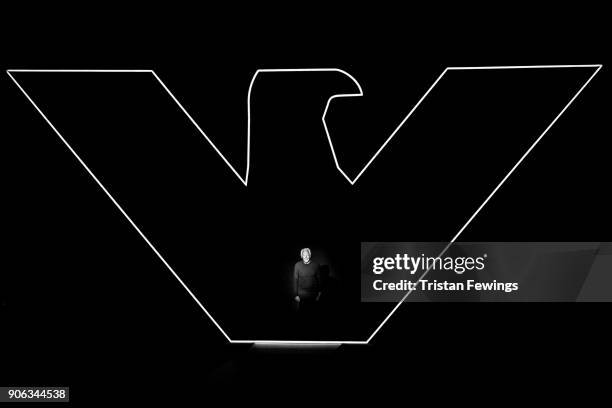 Designer Giorgio Armani is seen on the runway at the Emporio Armani show during Milan Men's Fashion Week Fall/Winter 2018/19 on January 13, 2018 in...