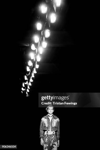 Model walks the runway at the Miaoran show during Milan Men's Fashion Week Fall/Winter 2018/19 on January 13, 2018 in Milan, Italy.