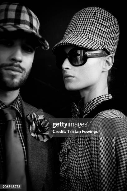 Models are seen backstage ahead of the Daks show during Milan Men's Fashion Week Fall/Winter 2018/19 on January 14, 2018 in Milan, Italy.