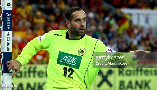 Silvio Heinevetter, goalkeeper of Germany reacts during the Men's Handball European Championship Group C match between Germany and Macedonia at Arena...