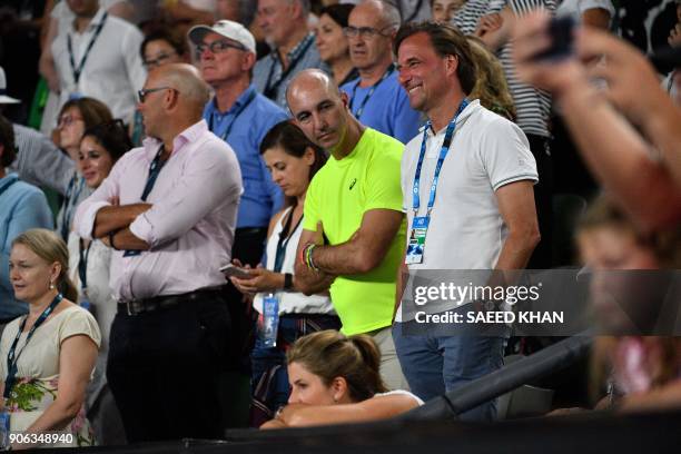 Mirka Federer , the wife of Switzerland's Roger Federer, reacts after her husband's win against Germany's Jan-Lennard Struff in their men's singles...