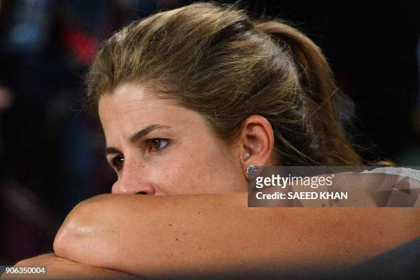 Mirka Federer, the wife of Switzerland's Roger Federer, reacts after her husband's win against Germany's Jan-Lennard Struff in their men's singles...