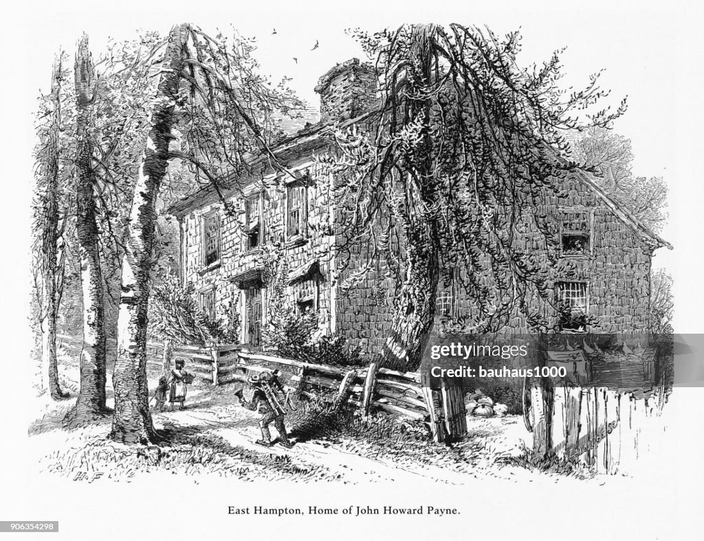 East Hampton, John Howard Payne Home, Long Island, New York, United States, American Victorian Engraving, 1872