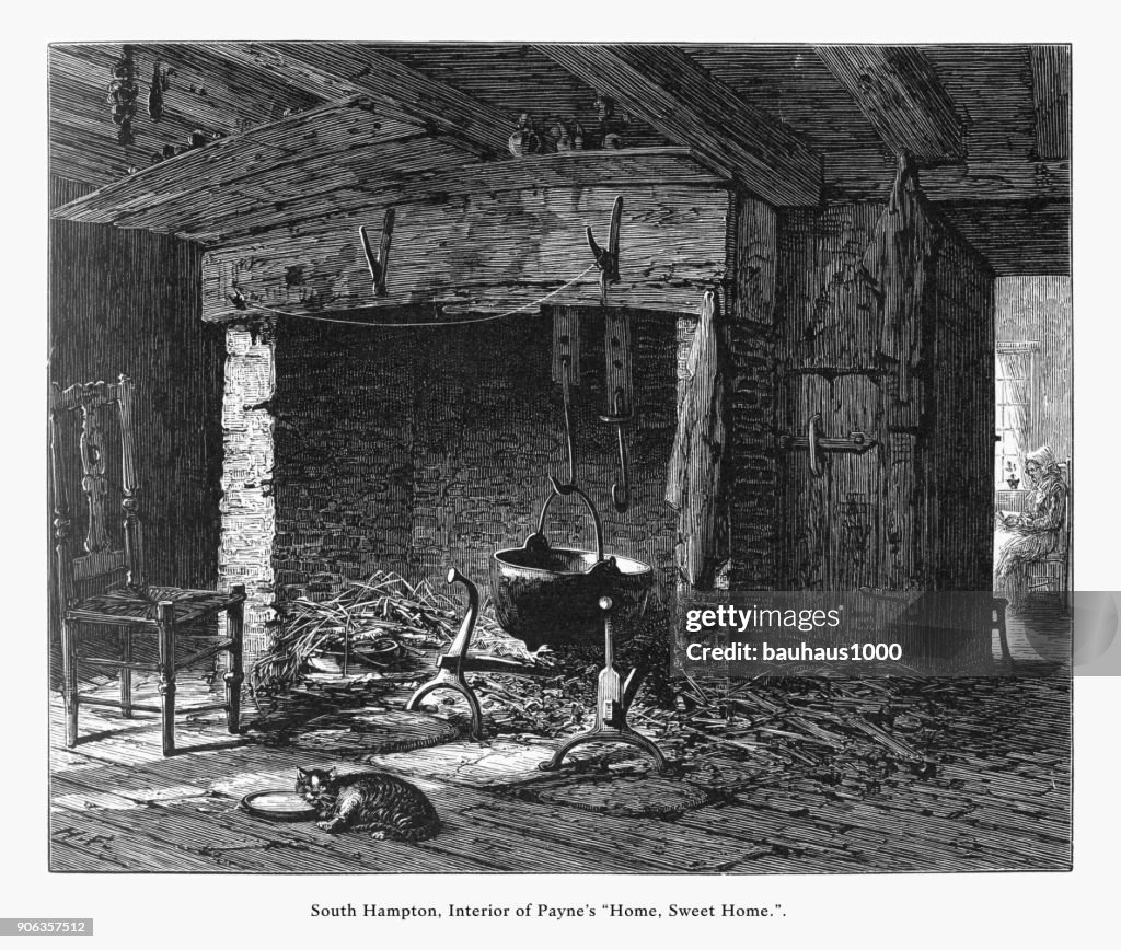 Interno di John Howard Payne Home, East Hampton, Long Island, New York, Stati Uniti, American Victorian Engraving, 1872