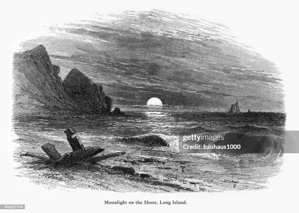 Moonlight on the Shore, East Hampton, Long Island, New York, United States, American Victorian Engraving, 1872