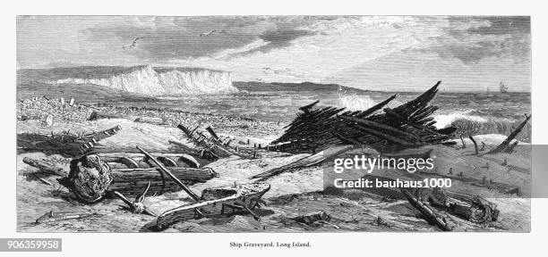 ship graveyard, east hampton, long island, new york, united states, american victorian engraving, 1872 - shipwreck stock illustrations