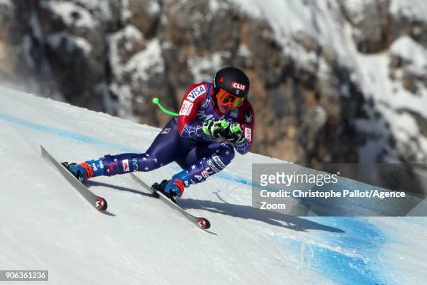 Stacey Cook of USA in action during the Audi FIS Alpine Ski World Cup Women's Downhill Training on January 18, 2018 in Cortina d'Ampezzo, Italy.