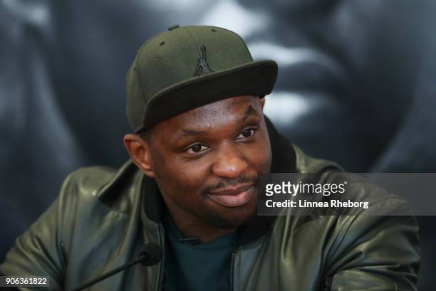 Dillian Whyte looks on during a press conference for the heavyweight fight between Dillian Whyte and Lucas Browne at Trinity House on January 18,...