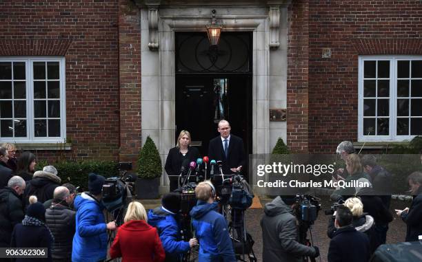 Secretary of State Karen Bradley holds a press conference alongside Simon Coveney, Irish Foreign Affairs Minister outside Stormont House at Stormont...