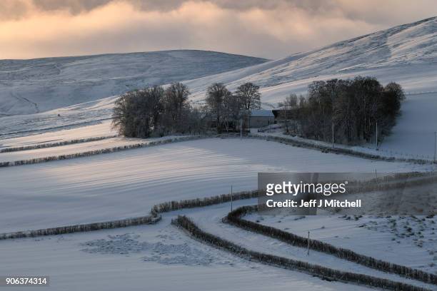 Snow covered hills off the B797 Abington to Leadhills road on January 18, 2018 in Leadhills, Scotland. Motorists are being warned to drive with...
