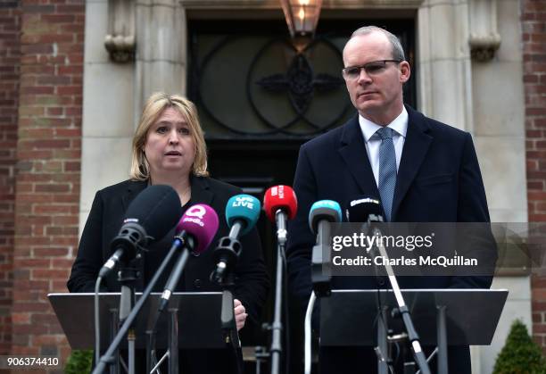 Secretary of State Karen Bradley holds a press conference alongside Simon Coveney, Irish Foreign Affairs Minister outside Stormont House at Stormont...