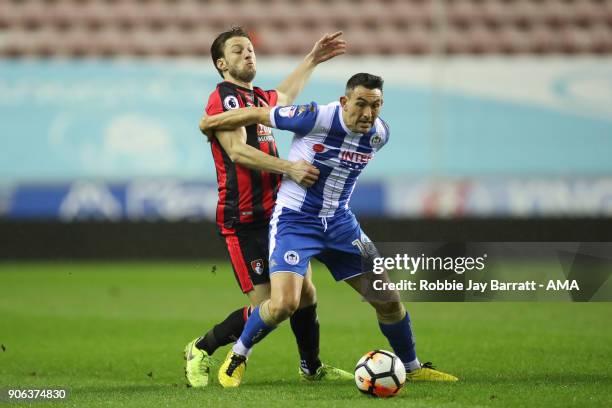 Harry Arter of Bournemouth and Gary Roberts of Wigan Athletic during The Emirates FA Cup Third Round Replay between Wigan Athletic v AFC Bournemouth...