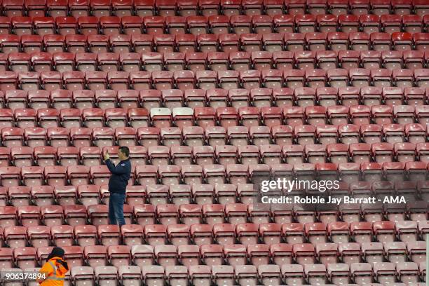 General view of empty seats at DW Stadium, home stadium of Wigan Athletic during The Emirates FA Cup Third Round Replay between Wigan Athletic v AFC...
