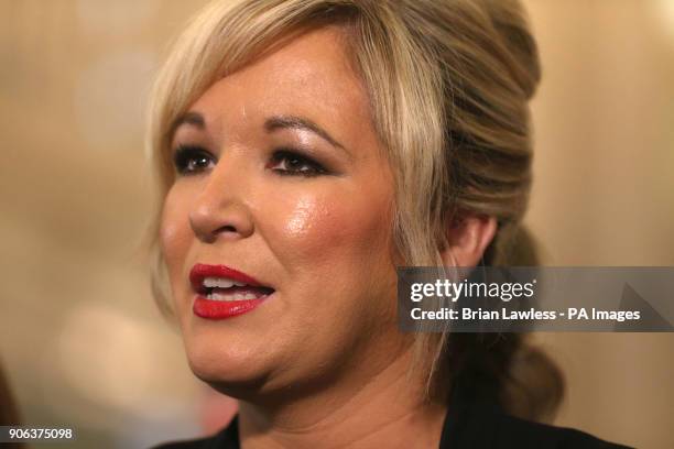 Sinn Fein's Northern Ireland Leader Michelle O'Neill speaking in the Great Hall in Stormont after Northern Ireland Secretary Karen Bradley and Irish...