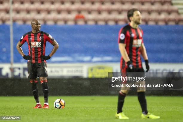 Benik Afobe of Bournemouth looks on after conceding during The Emirates FA Cup Third Round Replay between Wigan Athletic v AFC Bournemouth at DW...