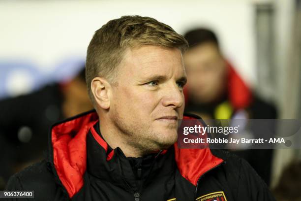 Eddie Howe head coach / manager of Bournemouth during The Emirates FA Cup Third Round Replay between Wigan Athletic v AFC Bournemouth at DW Stadium...