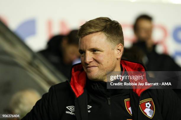 Eddie Howe head coach / manager of Bournemouth during The Emirates FA Cup Third Round Replay between Wigan Athletic v AFC Bournemouth at DW Stadium...