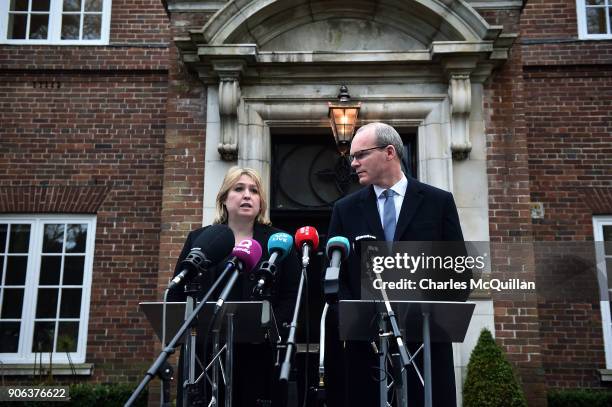 Secretary of State Karen Bradley holds a press conference alongside Simon Coveney, Irish Foreign Affairs Minister outside Stormont House at Stormont...