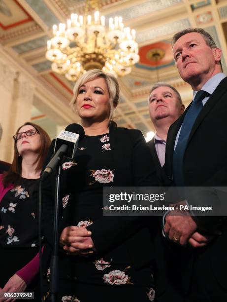 Sinn Fein's Northern Ireland Leader Michelle O'Neill speaking in the Great Hall in Stormont after Northern Ireland Secretary Karen Bradley and Irish...
