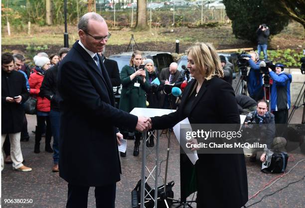 Secretary of State Karen Bradley holds a press conference alongside Simon Coveney, Irish Foreign Affairs Minister outside Stormont House at Stormont...