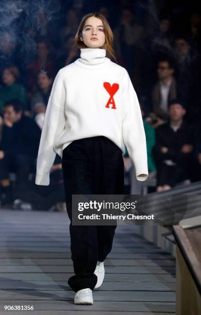 Model walks the runway during the Ami - Alexandre Mattiussi Menswear Fall/Winter 2018-2019 show as part of Paris Fashion Week on January 18, 2018 in...