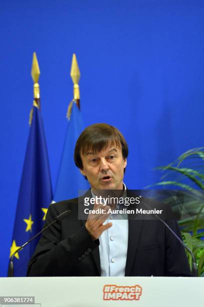French Ecology Minister Nicolas Hulot gives a press conference at Ministry of Ecology on January 18, 2018 in Paris, France. Hulot announced the...