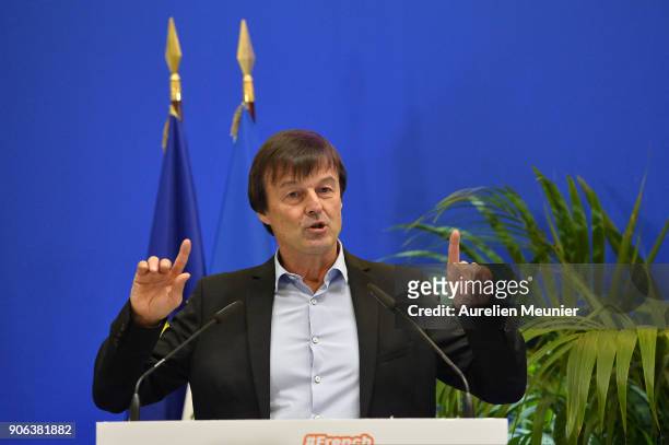French Ecology Minister Nicolas Hulot gives a press conference at Ministry of Ecology on January 18, 2018 in Paris, France. Hulot announced the...