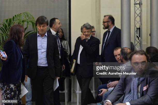 French Ecology Minister Nicolas Hulot reacts as he arrives to a press conference at Ministry of Ecology on January 18, 2018 in Paris, France. Hulot...