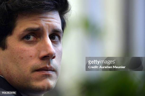 Junior Minister of Territorial Cohesion Julien Denormandie reacts during a press conference at Ministry of Ecology on January 18, 2018 in Paris,...