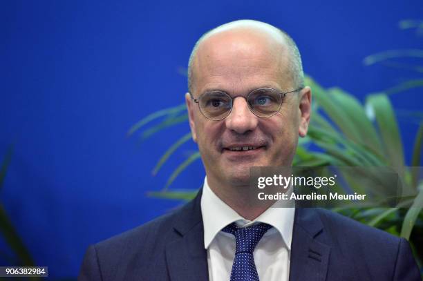 French Minister of National Education Jean-Michel Blanquer reacts during a press conference at Ministry of Ecology on January 18, 2018 in Paris,...
