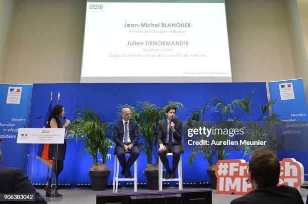 French Minister of National Education Jean-Michel Blanquer and Junior Minister of Territorial Cohesion Julien Denormandie speak during a press...