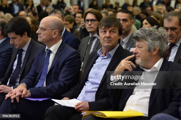 French Minister of National Education Jean-Michel Blanquer, French Ecology Minister Nicolas Hulot and Former French Minister Jean Louis Borloo react...