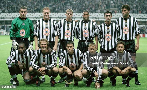 Newcastle United line up for a group photo before the UEFA Champions League match between Newcastle United and Barcelona at St James' Park on...