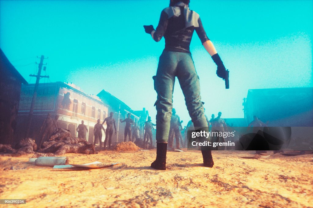 Fantasy character against zombie hordes
