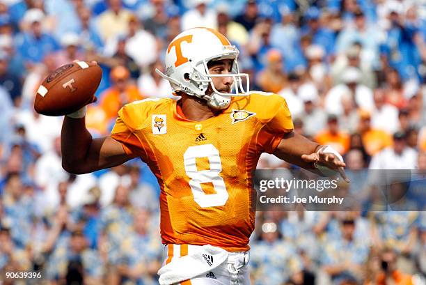 Jonathan Crompton of the Tennessee Volunteers throws against the UCLA Bruins on September 12, 2009 at Neyland Stadium in Knoxville, Tennessee.