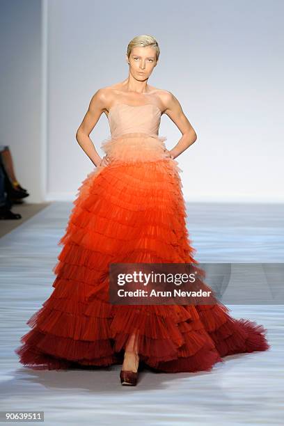 Model walks the runway at the Payless at Christian Siriano Spring 2010 Fashion Show during Mercedes-Benz Fashion Week at Bryant Park on September 12,...