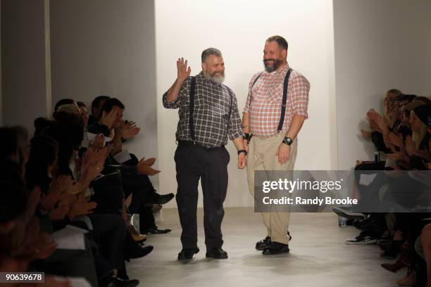 Designers Jeffrey Costello and Robert Tagliapietra of Costello Tagliapietra walk the runway during Mercedes-Benz Fashion Week Spring 2010 at Bryant...