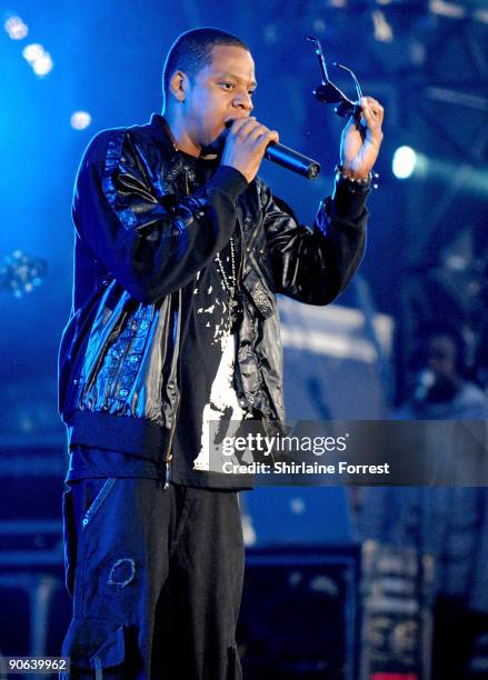 Jay-Z performs at Lancashire County Cricket Club on September 12, 2009 in Manchester, England.