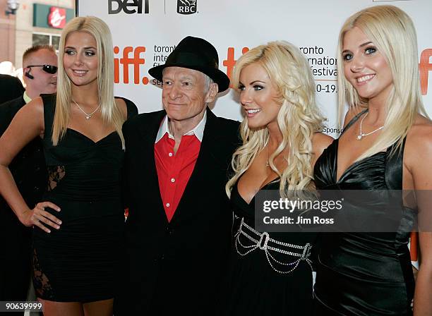 Publisher Hugh Hefner arrives with Playboy Playmates Kristina Shannon, Crystal Harris and Karissa Shannon at the "Hugh Hefner: Playboy, Activist And...