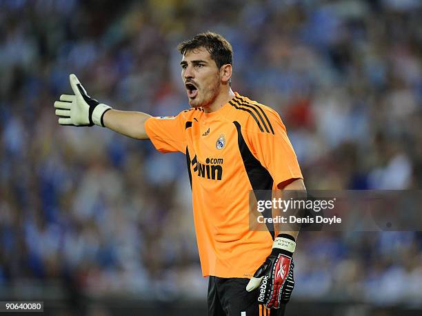 Iker Casillas of Real Madrid reacts during the La Liga match between Espanyol and Real Madrid at the Nuevo Estadio de Cornella-El Prat stadium on...