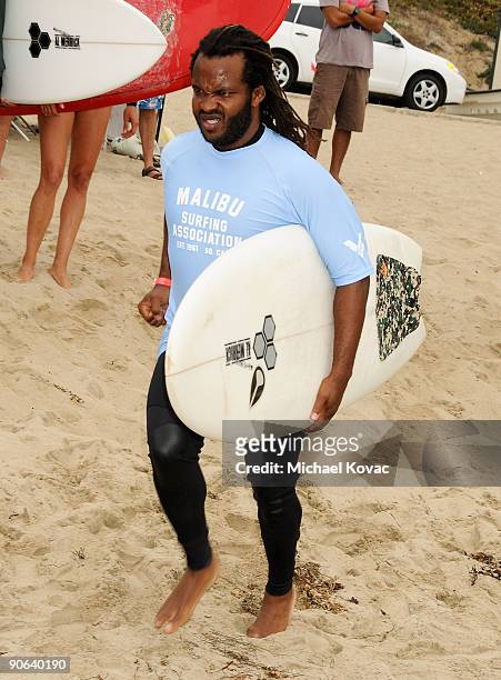 Host Sal Masekela surfs at the 4th Annual Surfrider Foundation Celebrity Expression Session at First Point, Surfrider Beach on September 12, 2009 in...