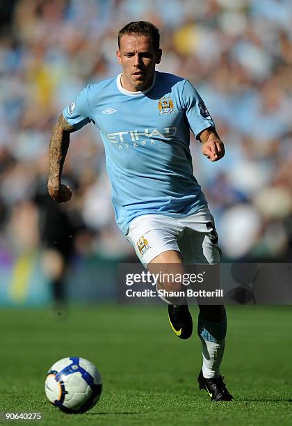 Craig Bellamy of Manchester City in action during the Barclays Premier League match between Manchester City and Arsenal at the City of Manchester...